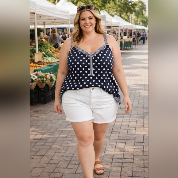 Coastal Chic Polka Dot Tank Top Plus 18/20W Summer Blouse Flowy Navy White - Picture 7 of 9